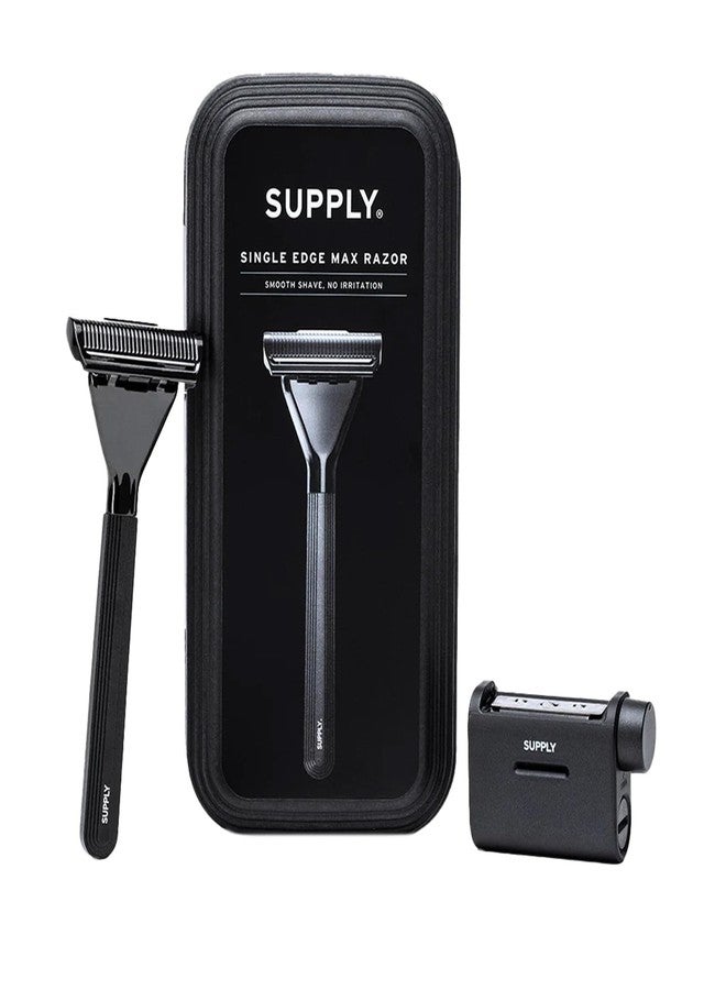 SUPPLY Single Edge Max Razor for Men – Premium Metal Single-Blade Safety Razor with Pivoting Head for Fewer Cuts and Irritation – Includes 8 Blades & Magnetic Reload System – Jet Black - Image 1